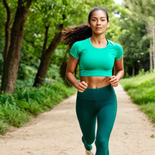 Home 22 A professional image of a young adult woman wearing H&M Activewear seamless sports tights in a vibrant emerald green, a quick-drying DryMove™ Tech T-shirt in crisp white, and a supportive high-support sports bra subtly visible. She is captured in a natural pose, mid-stride during a gentle jog on a sunlit park trail, surrounded by lush greenery. The image emphasizes the apparel's performance and sustainable materials. The scene is of high-quality professional photography with perfect anatomy, correct proportions, well-formed hands, and proper finger count. It is safe for work, appropriate content, fully clothed, and family-friendly.
