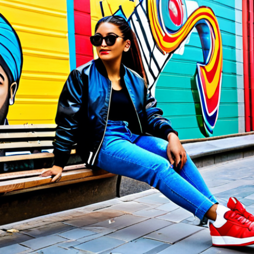 Home 10 Diadora - Street Style**
A stylish individual in Ankara, Turkey, wearing a modern outfit with a colorful Diadora retro sneaker. The background features a vibrant street art mural. The outfit includes well-fitting jeans, a simple black t-shirt, and a trendy bomber jacket. The Diadora sneakers should be the focal point, showcasing their Italian design. Fully clothed, appropriate attire, safe for work, perfect anatomy, natural proportions, professional photography, high quality.
**