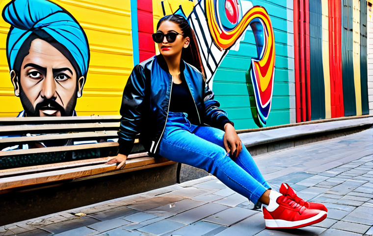 Diadora - Street Style**
A stylish individual in Ankara, Turkey, wearing a modern outfit with a colorful Diadora retro sneaker. The background features a vibrant street art mural. The outfit includes well-fitting jeans, a simple black t-shirt, and a trendy bomber jacket. The Diadora sneakers should be the focal point, showcasing their Italian design. Fully clothed, appropriate attire, safe for work, perfect anatomy, natural proportions, professional photography, high quality.
**